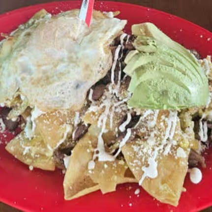 Chilaquiles with Steak (Asada) and Avocado (Aguacate).